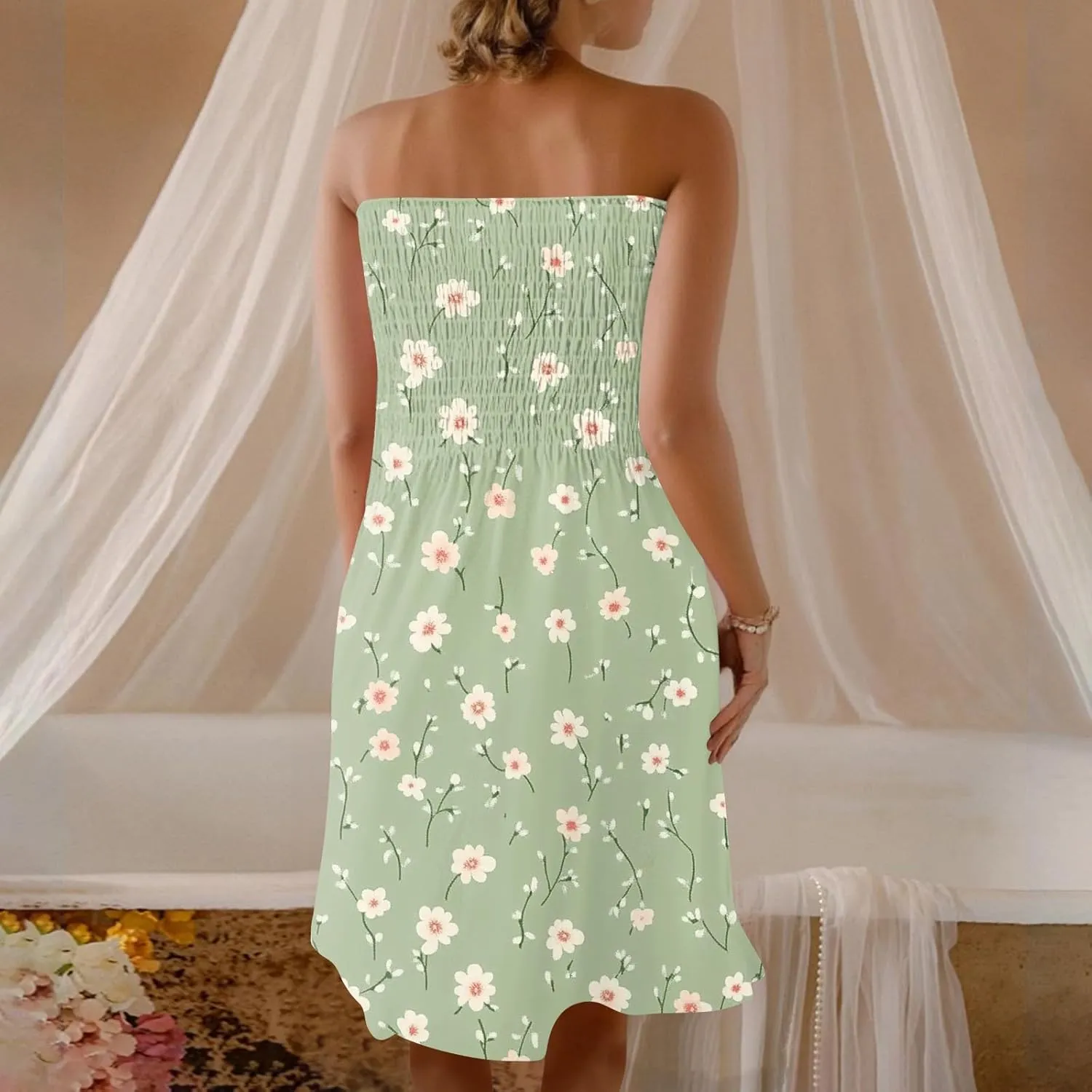Womens Summer Mini Dress Strapless Sleeveless Trendy Boho Floral Sundress Flowy Ruffle Ruched Sexy Tube Top Dresses