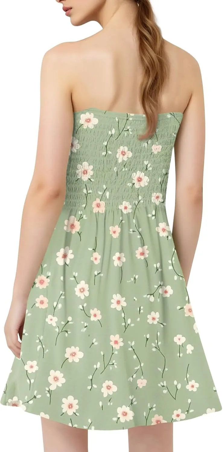 Womens Summer Mini Dress Strapless Sleeveless Trendy Boho Floral Sundress Flowy Ruffle Ruched Sexy Tube Top Dresses