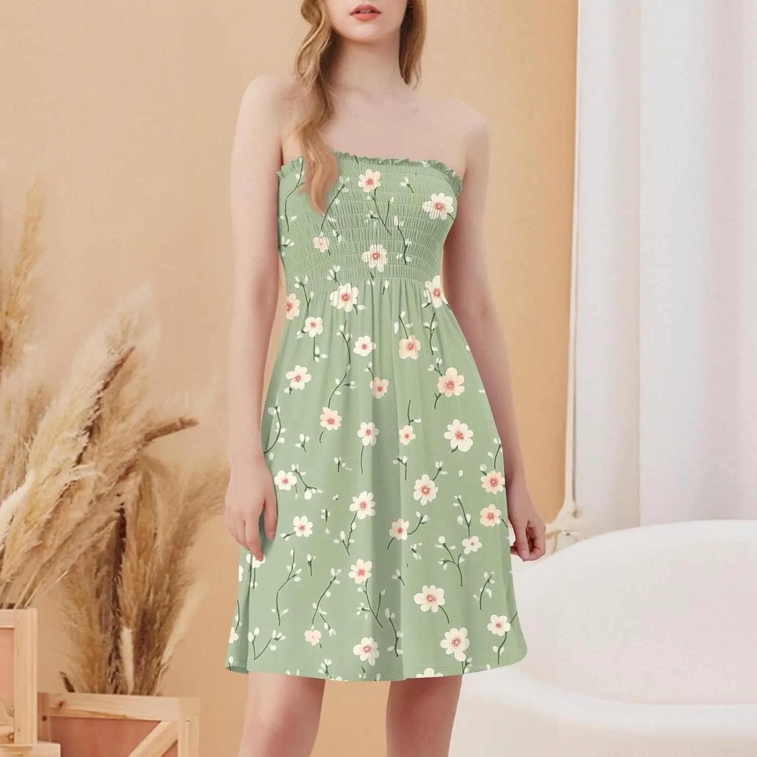 Womens Summer Mini Dress Strapless Sleeveless Trendy Boho Floral Sundress Flowy Ruffle Ruched Sexy Tube Top Dresses