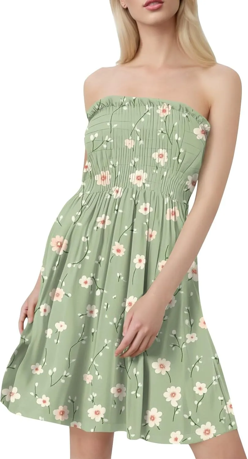 Womens Summer Mini Dress Strapless Sleeveless Trendy Boho Floral Sundress Flowy Ruffle Ruched Sexy Tube Top Dresses
