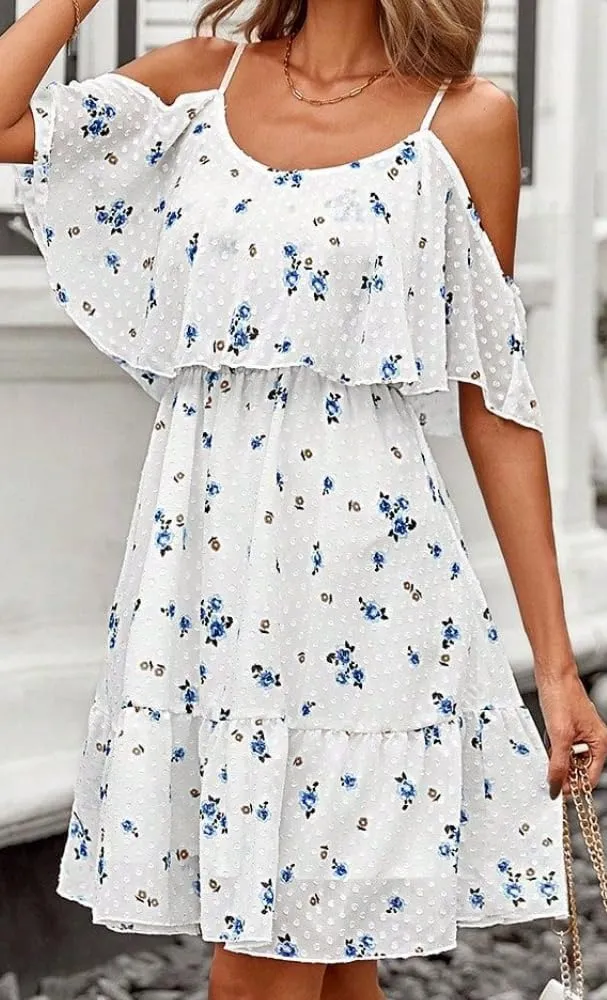 Women's Summer One-Shoulder Mini Sundress Casual Spaghetti Strap Dresses Floral Sleeveless Ruffle Short Dress
