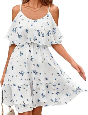 Women's Summer One-Shoulder Mini Sundress Casual Spaghetti Strap Dresses Floral Sleeveless Ruffle Short Dress