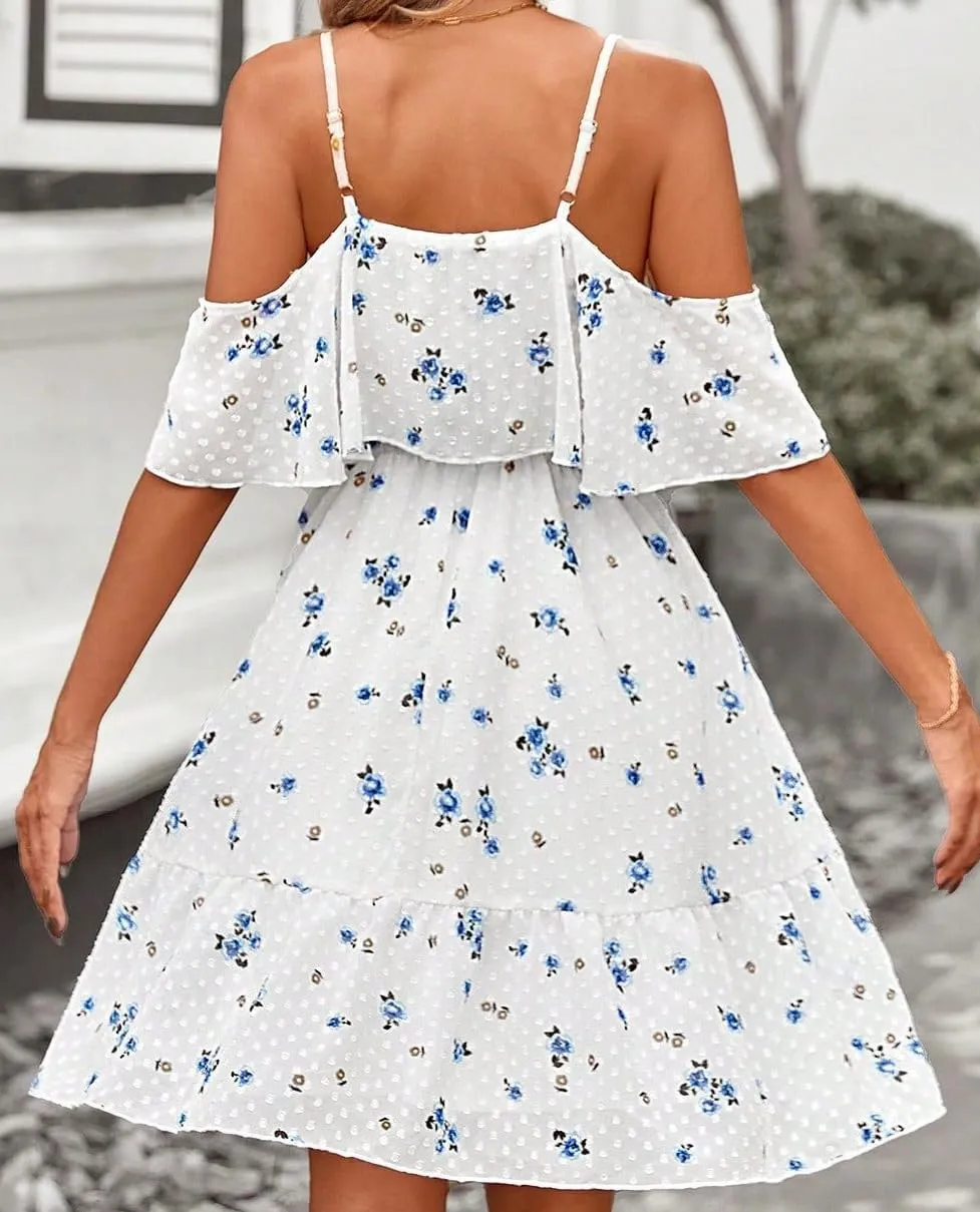Women's Summer One-Shoulder Mini Sundress Casual Spaghetti Strap Dresses Floral Sleeveless Ruffle Short Dress