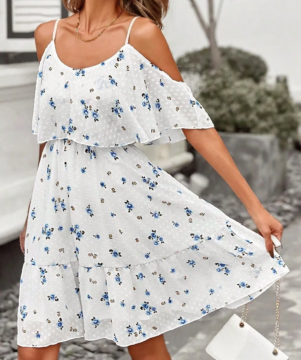 Women's Summer One-Shoulder Mini Sundress Casual Spaghetti Strap Dresses Floral Sleeveless Ruffle Short Dress