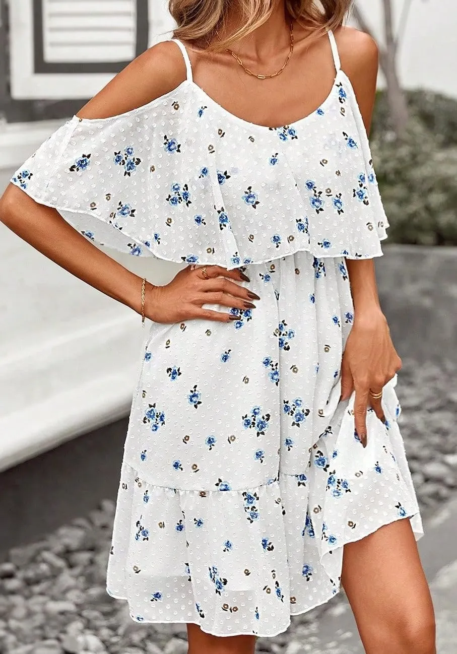 Women's Summer One-Shoulder Mini Sundress Casual Spaghetti Strap Dresses Floral Sleeveless Ruffle Short Dress