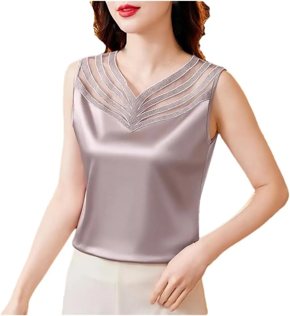 Women's Summer Satin Patchwork Lace Camisole V-Neck Sleeveless Tank Tops
