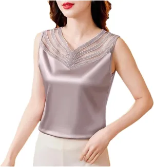 Women's Summer Satin Patchwork Lace Camisole V-Neck Sleeveless Tank Tops