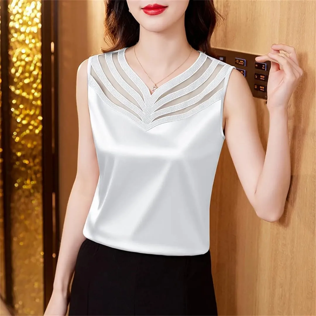 Women's Summer Satin Patchwork Lace Camisole V-Neck Sleeveless Tank Tops