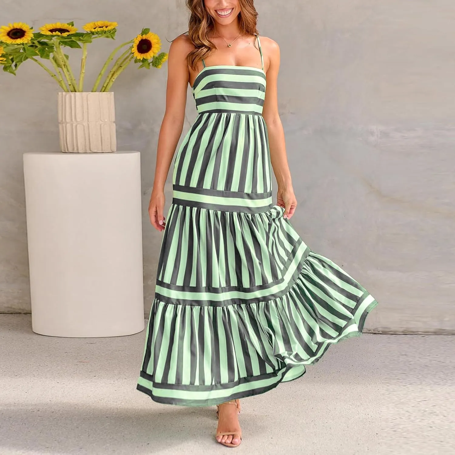 Women's Summer Spaghetti Strap Long Dress Sleeveless Printed Flowy A-Line Sundress Beach Boho Maxi Dress