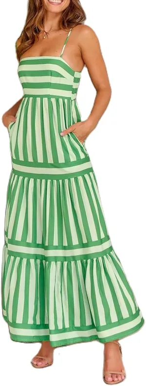 Women's Summer Spaghetti Strap Long Dress Sleeveless Printed Flowy A-Line Sundress Beach Boho Maxi Dress