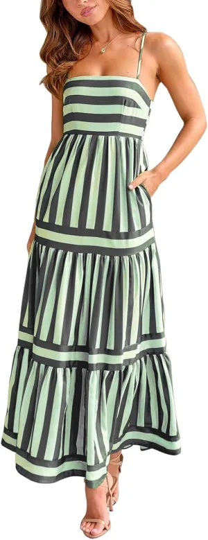 Women's Summer Spaghetti Strap Long Dress Sleeveless Printed Flowy A-Line Sundress Beach Boho Maxi Dress