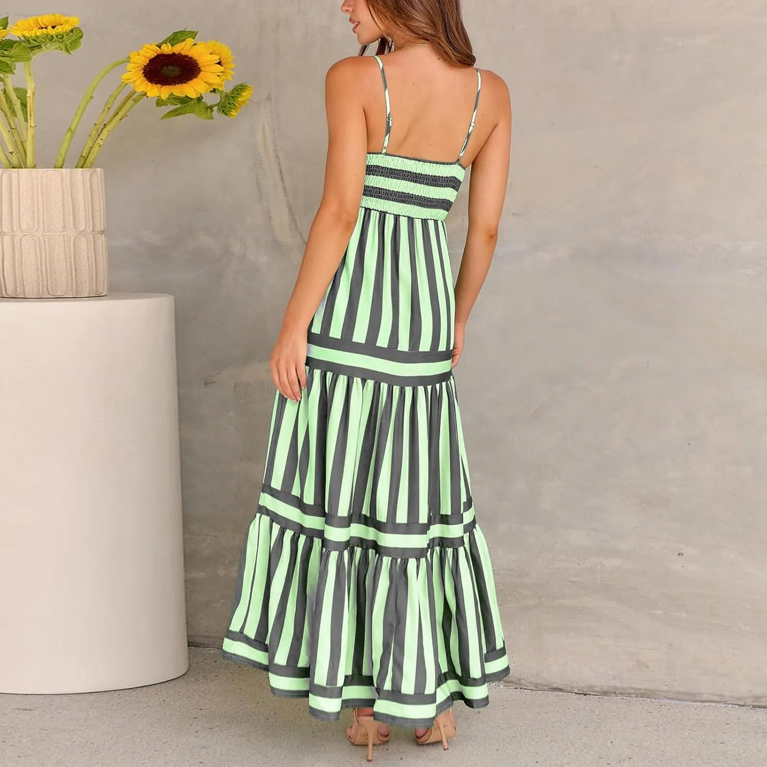 Women's Summer Spaghetti Strap Long Dress Sleeveless Printed Flowy A-Line Sundress Beach Boho Maxi Dress