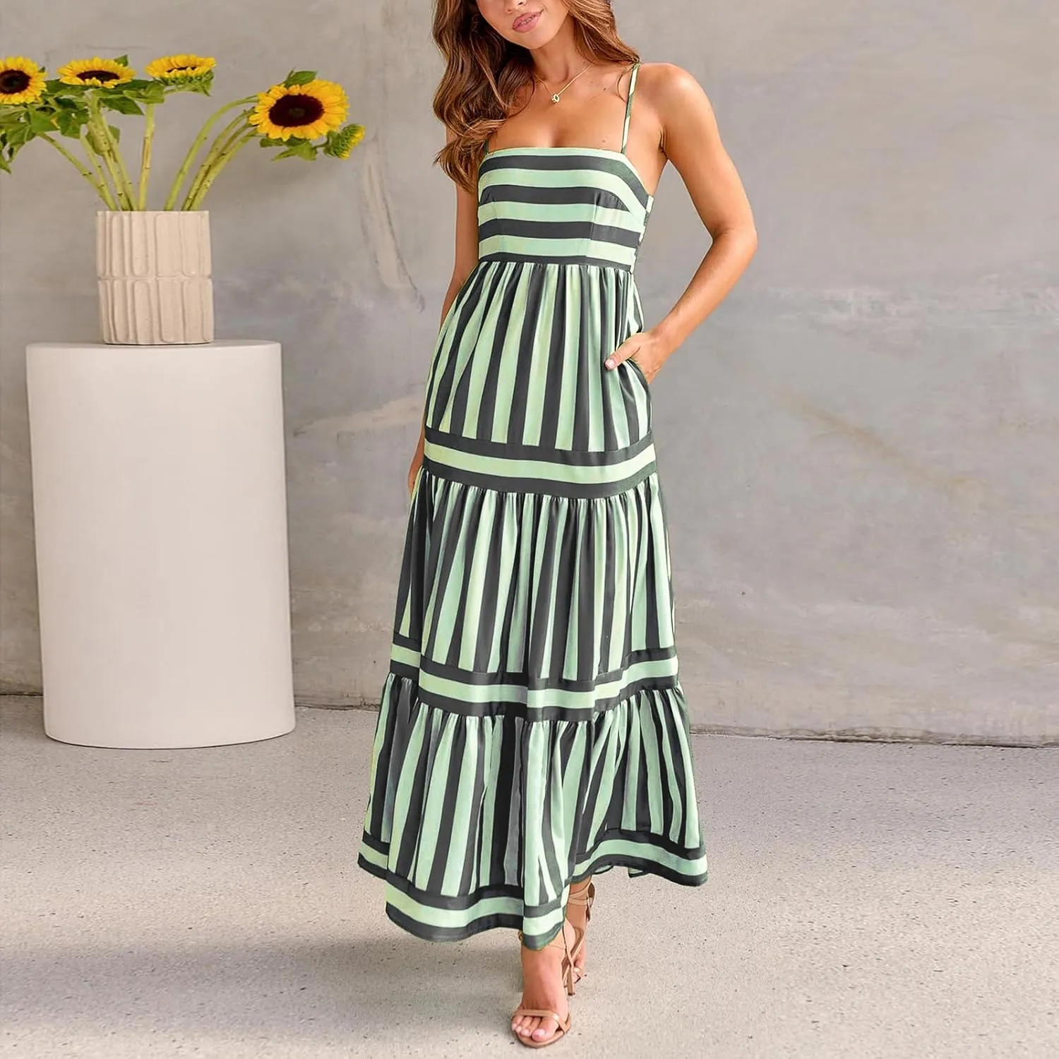 Women's Summer Spaghetti Strap Long Dress Sleeveless Printed Flowy A-Line Sundress Beach Boho Maxi Dress
