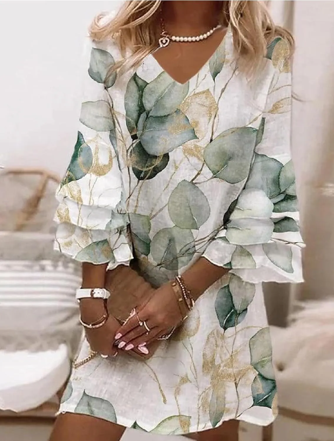 Womens Summer V Neck 3/4 Ruffle Layered Sleeve Leaf Print Mini Dress Casual Loose Fit Beach Vacation Sundress