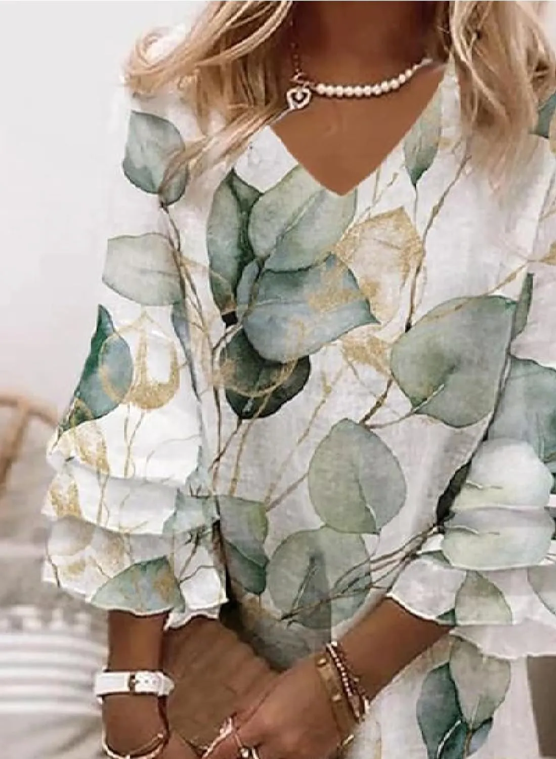 Womens Summer V Neck 3/4 Ruffle Layered Sleeve Leaf Print Mini Dress Casual Loose Fit Beach Vacation Sundress