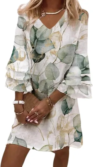 Womens Summer V Neck 3/4 Ruffle Layered Sleeve Leaf Print Mini Dress Casual Loose Fit Beach Vacation Sundress