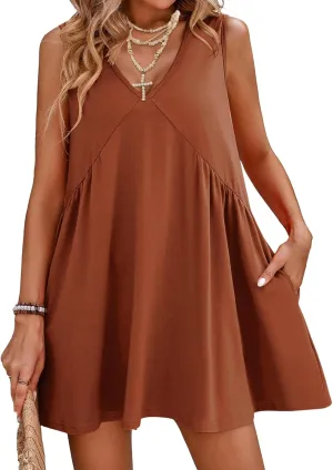 Women's Summer V Neck Sleeveless Mini Dress Casual Loose Pleated Swing Flowy Sundress with Pockets
