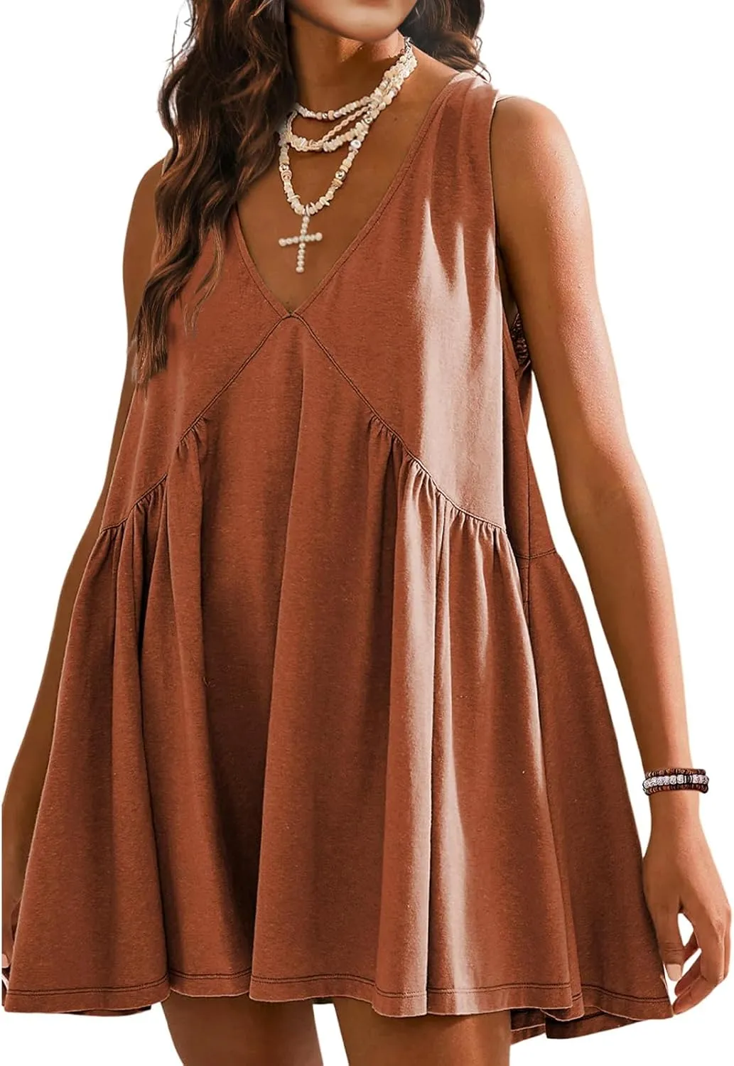 Women's Summer V Neck Sleeveless Mini Dress Casual Loose Pleated Swing Flowy Sundress with Pockets