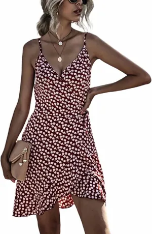 Women's Summer Wrap V Neck Spaghetti Strap Floral Dress Mini Ruffle Dress with Belt Casual Short Dresses