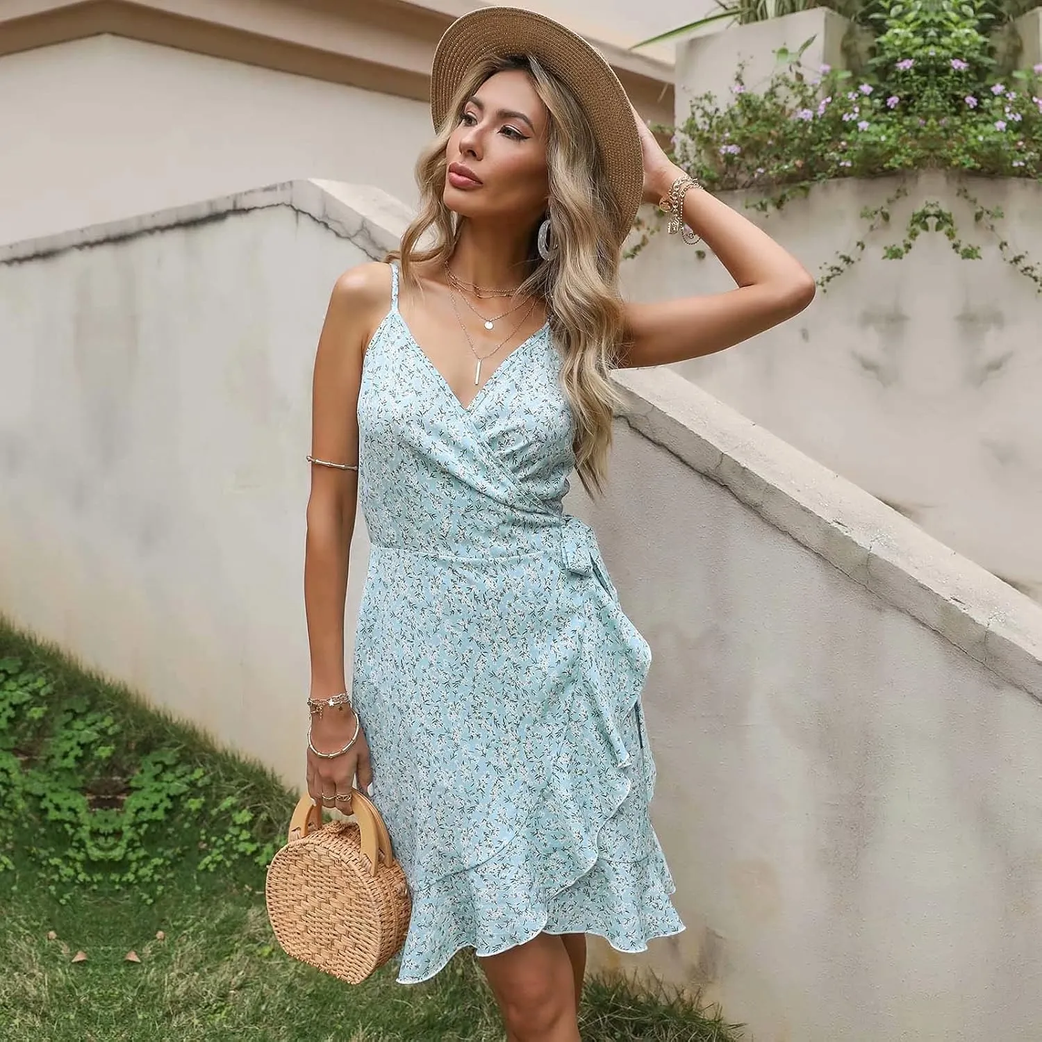Women's Summer Wrap V Neck Spaghetti Strap Floral Dress Mini Ruffle Dress with Belt Casual Short Dresses