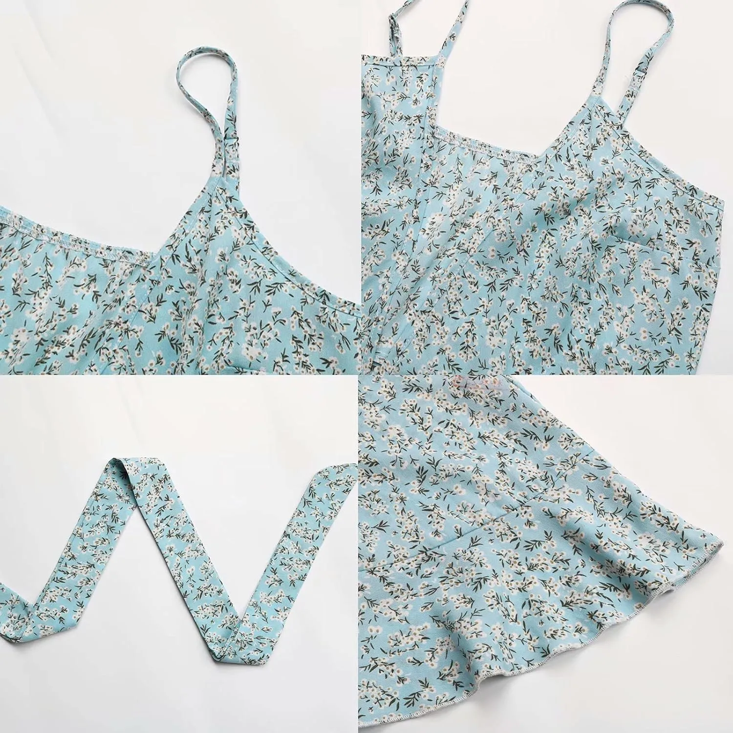 Women's Summer Wrap V Neck Spaghetti Strap Floral Dress Mini Ruffle Dress with Belt Casual Short Dresses