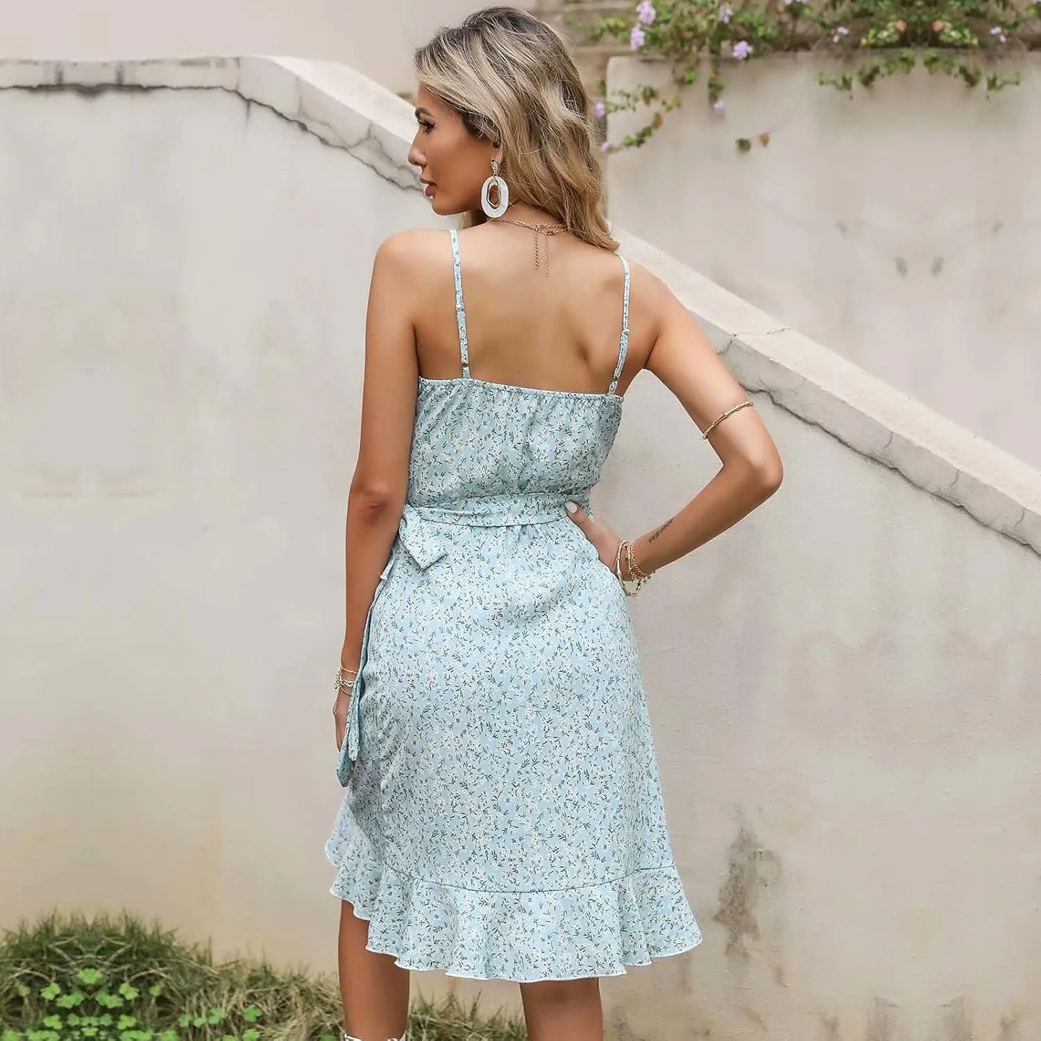 Women's Summer Wrap V Neck Spaghetti Strap Floral Dress Mini Ruffle Dress with Belt Casual Short Dresses