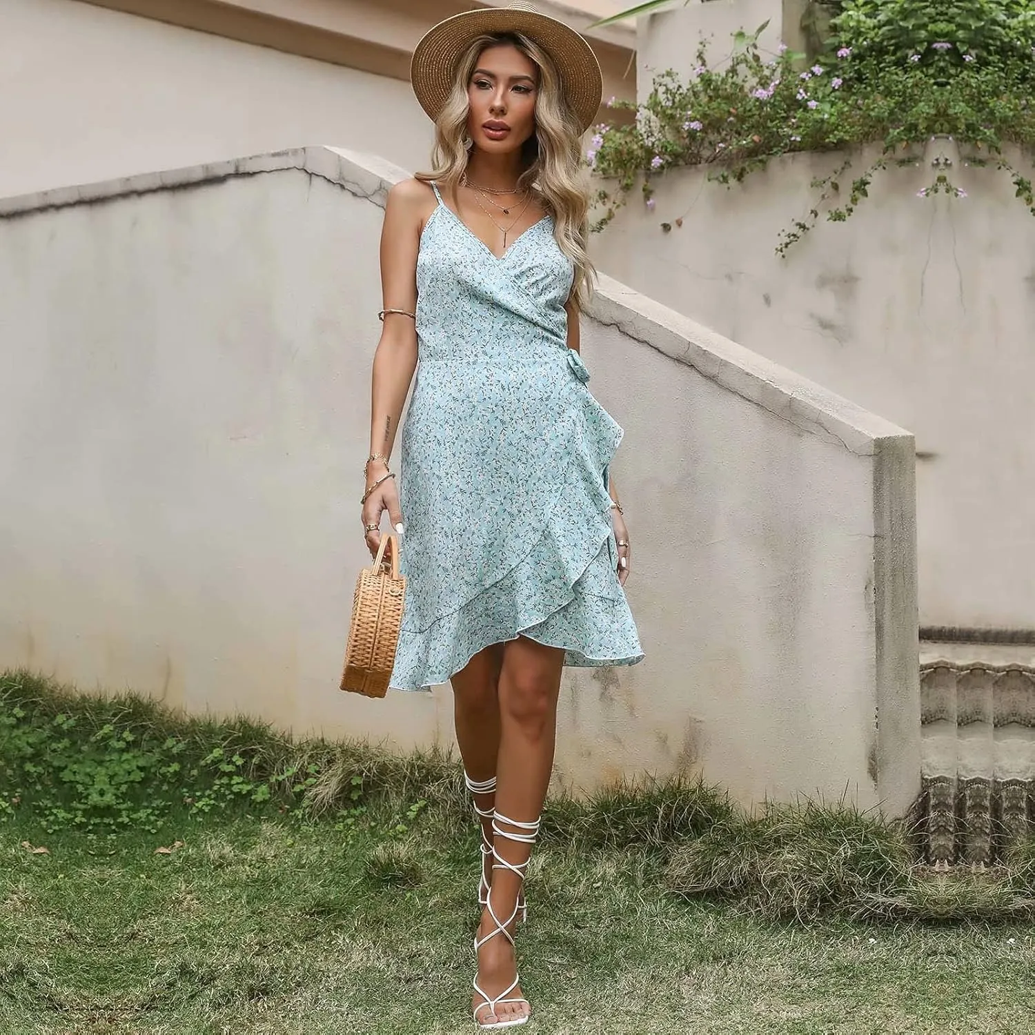 Women's Summer Wrap V Neck Spaghetti Strap Floral Dress Mini Ruffle Dress with Belt Casual Short Dresses