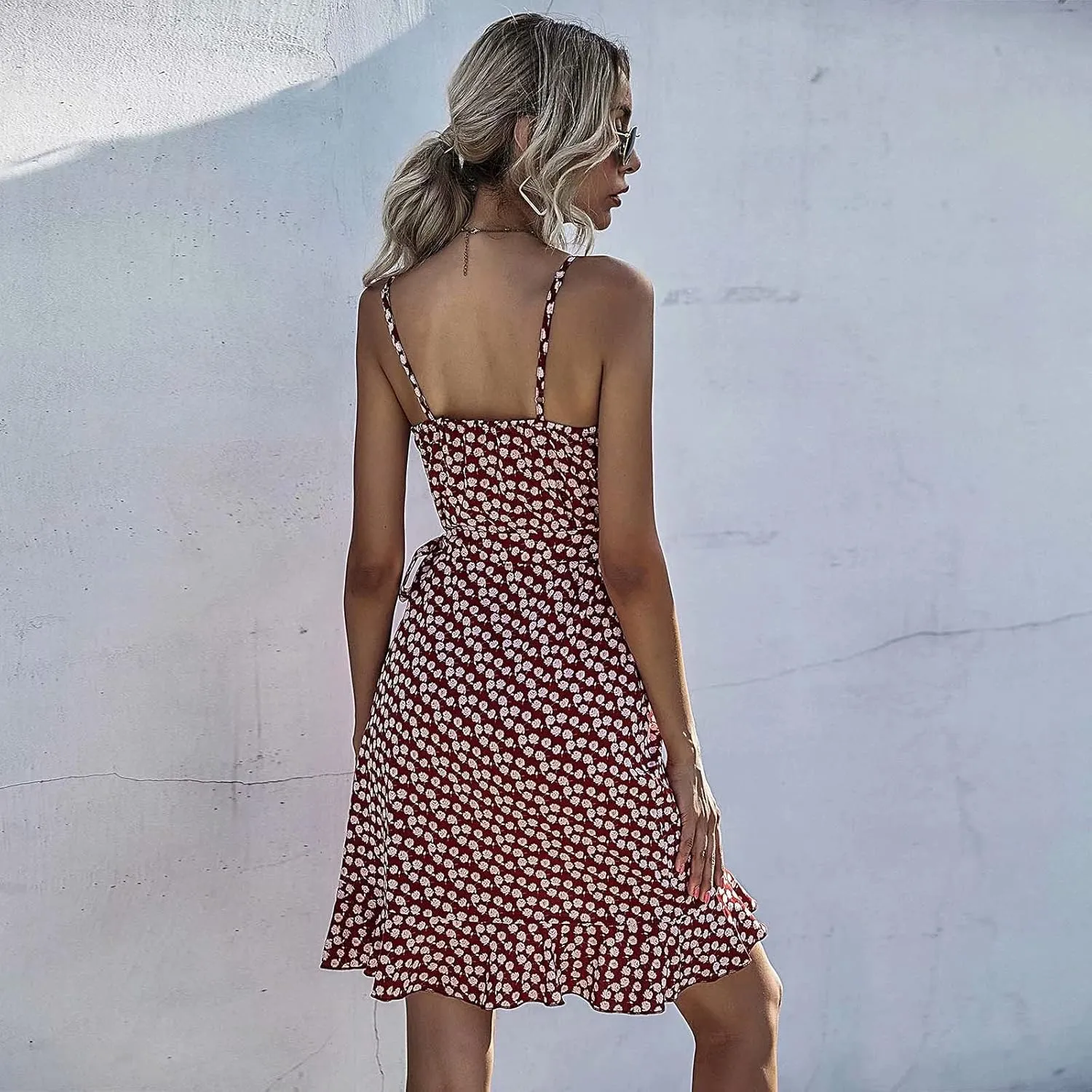 Women's Summer Wrap V Neck Spaghetti Strap Floral Dress Mini Ruffle Dress with Belt Casual Short Dresses