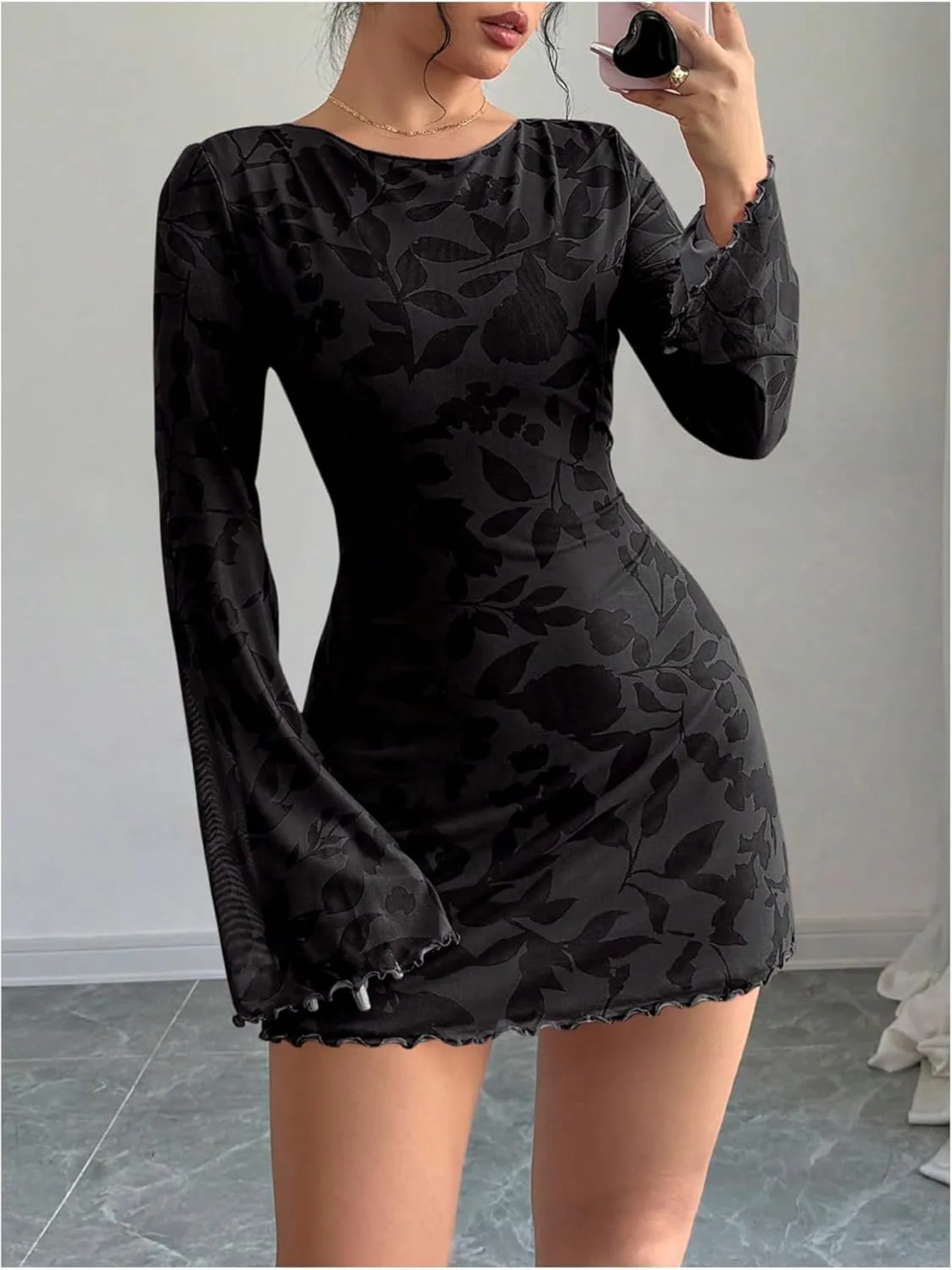 Women's Tie Backless Mini Bodycon Dresses Graphic Long Sleeve Lettuce Trim Fitted Summer Dress