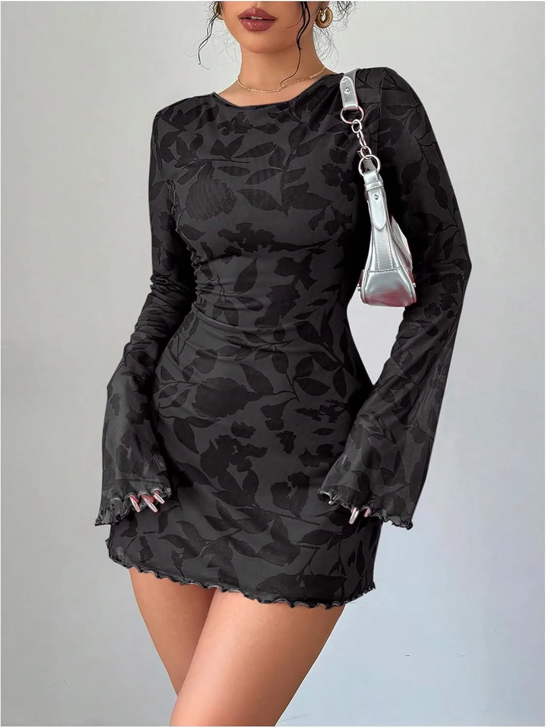 Women's Tie Backless Mini Bodycon Dresses Graphic Long Sleeve Lettuce Trim Fitted Summer Dress