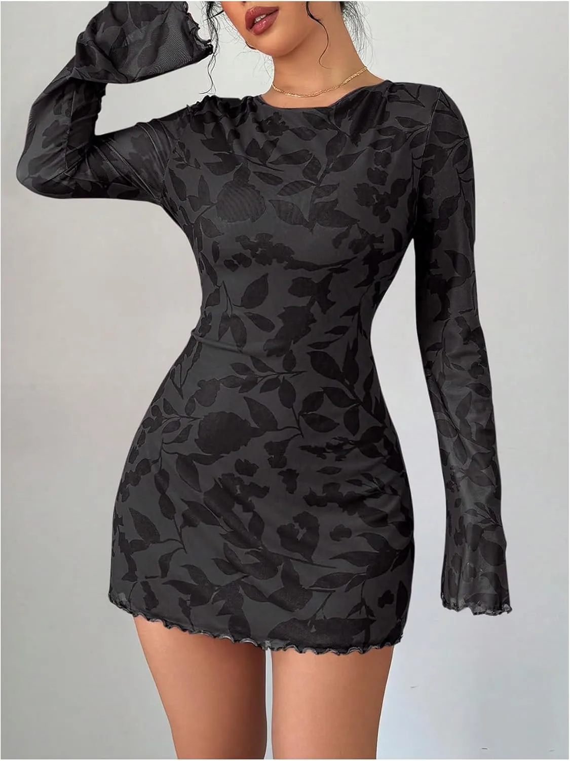 Women's Tie Backless Mini Bodycon Dresses Graphic Long Sleeve Lettuce Trim Fitted Summer Dress