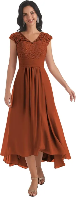 Women's V Neck Mother of The Bride Dresses for Wedding Cap Sleeves Lace A-Line Formal Gown with Pockets
