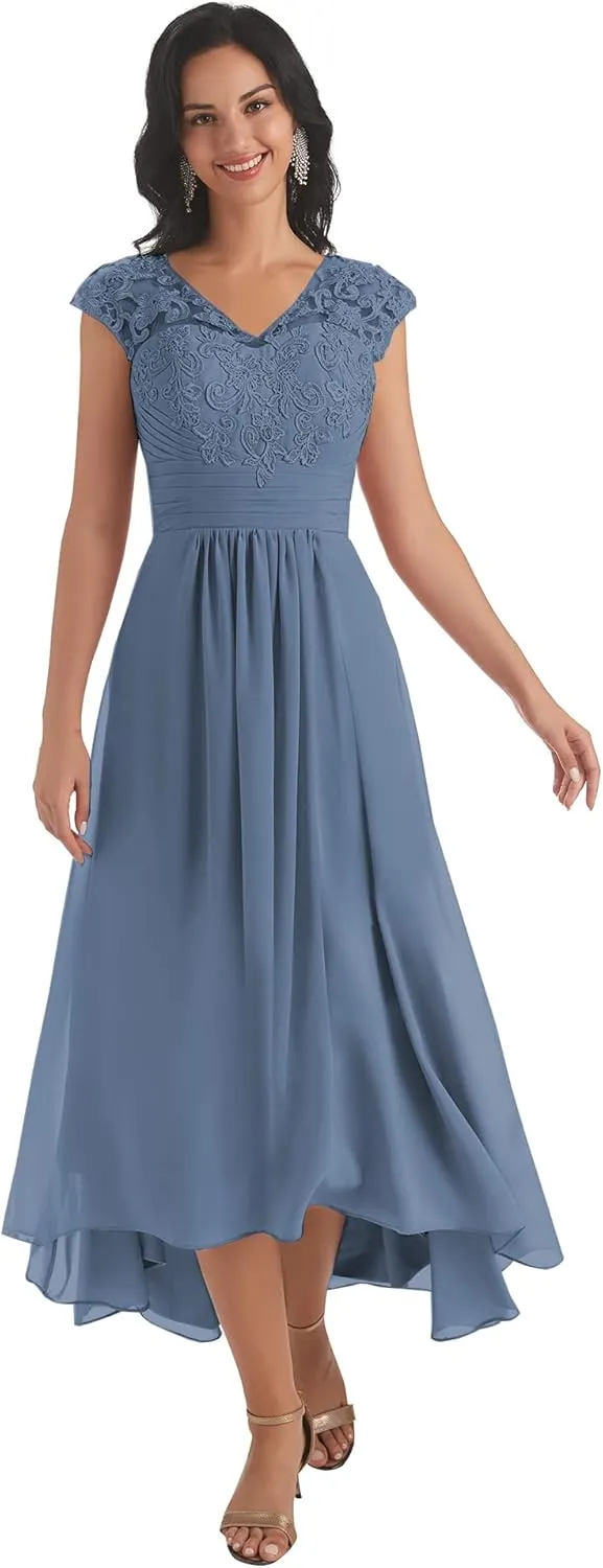 Women's V Neck Mother of The Bride Dresses for Wedding Cap Sleeves Lace A-Line Formal Gown with Pockets