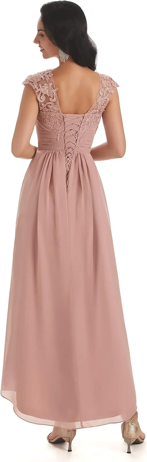 Women's V Neck Mother of The Bride Dresses for Wedding Cap Sleeves Lace A-Line Formal Gown with Pockets