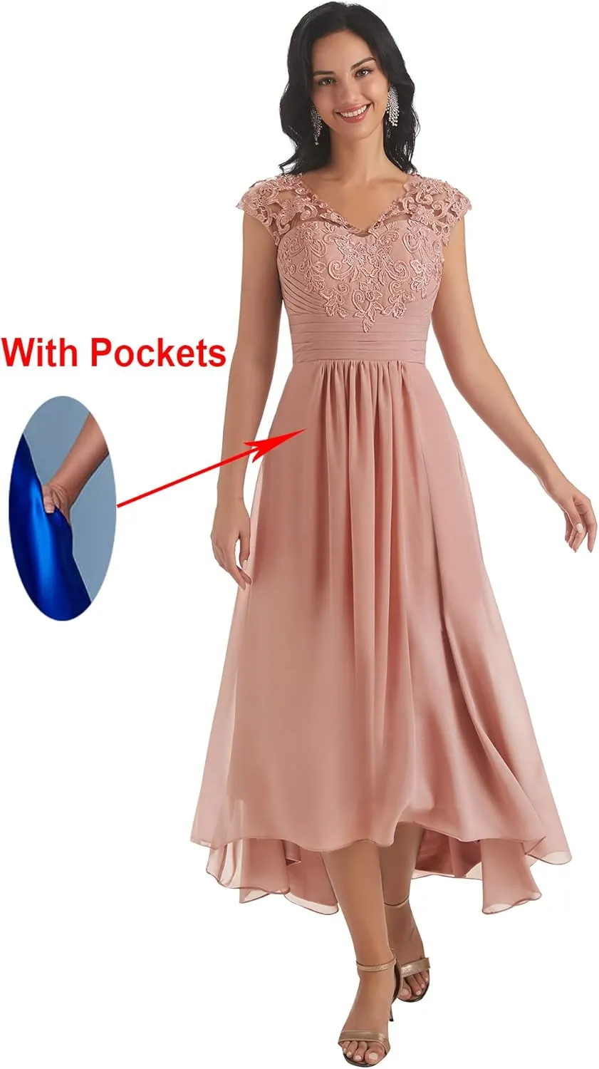 Women's V Neck Mother of The Bride Dresses for Wedding Cap Sleeves Lace A-Line Formal Gown with Pockets
