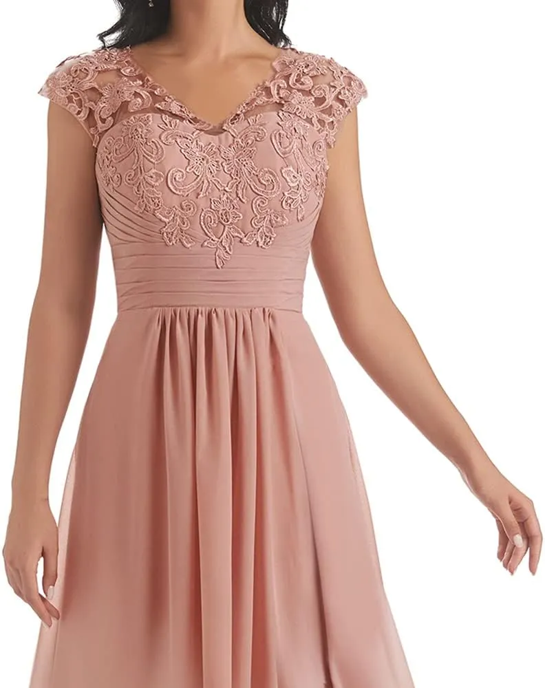 Women's V Neck Mother of The Bride Dresses for Wedding Cap Sleeves Lace A-Line Formal Gown with Pockets