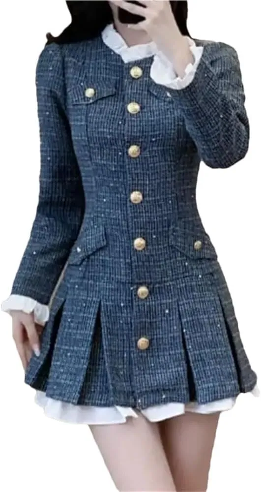 Women's Vintage Tweed Dress A-Line Short Pleated Single Breasted Party Casual Dress