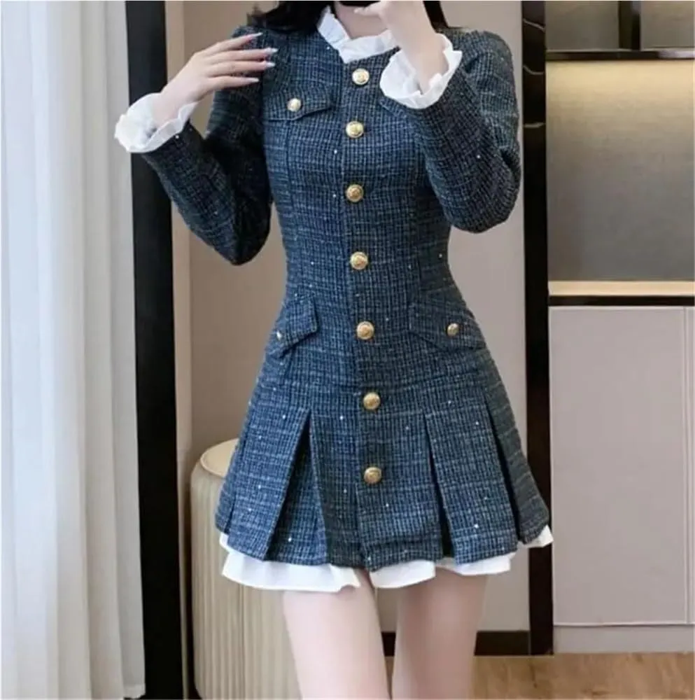 Women's Vintage Tweed Dress A-Line Short Pleated Single Breasted Party Casual Dress