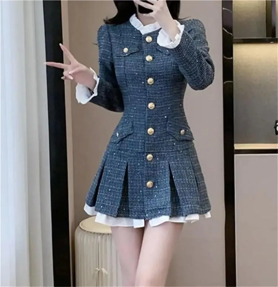 Women's Vintage Tweed Dress A-Line Short Pleated Single Breasted Party Casual Dress