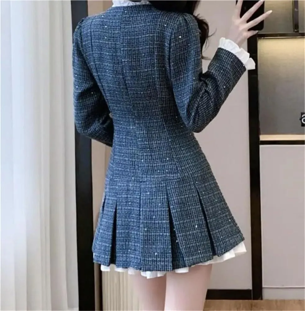 Women's Vintage Tweed Dress A-Line Short Pleated Single Breasted Party Casual Dress