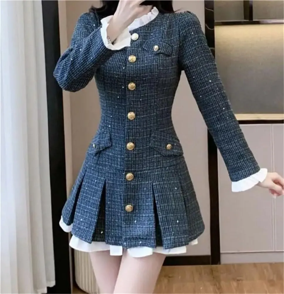Women's Vintage Tweed Dress A-Line Short Pleated Single Breasted Party Casual Dress