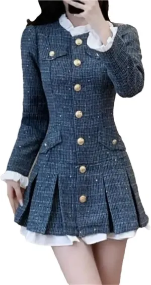 Women's Vintage Tweed Dress A-Line Short Pleated Single Breasted Party Casual Dress