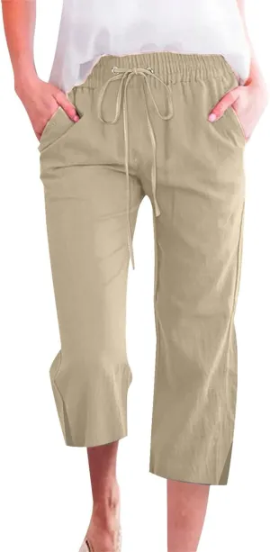 Work Pants Women Solid Color Cotton Linen Elastic Seven Pants Beach Plus Size Trendy Striped Spring Summer Gauze Pants