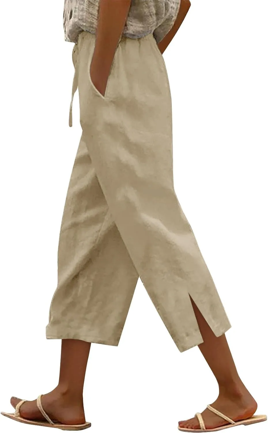 Work Pants Women Solid Color Cotton Linen Elastic Seven Pants Beach Plus Size Trendy Striped Spring Summer Gauze Pants