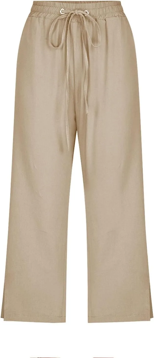 Work Pants Women Solid Color Cotton Linen Elastic Seven Pants Beach Plus Size Trendy Striped Spring Summer Gauze Pants