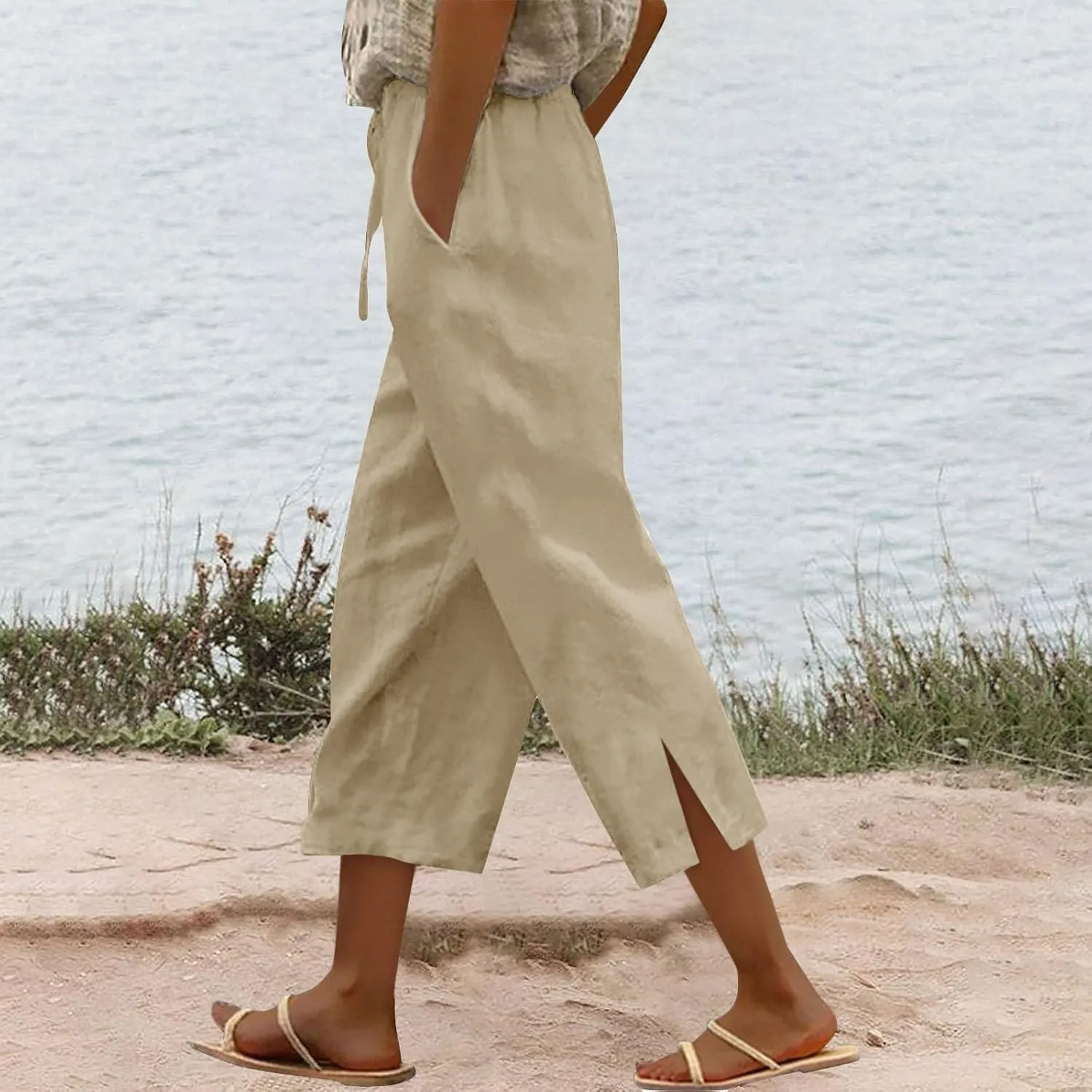 Work Pants Women Solid Color Cotton Linen Elastic Seven Pants Beach Plus Size Trendy Striped Spring Summer Gauze Pants