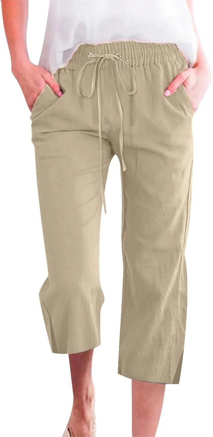 Work Pants Women Solid Color Cotton Linen Elastic Seven Pants Beach Plus Size Trendy Striped Spring Summer Gauze Pants