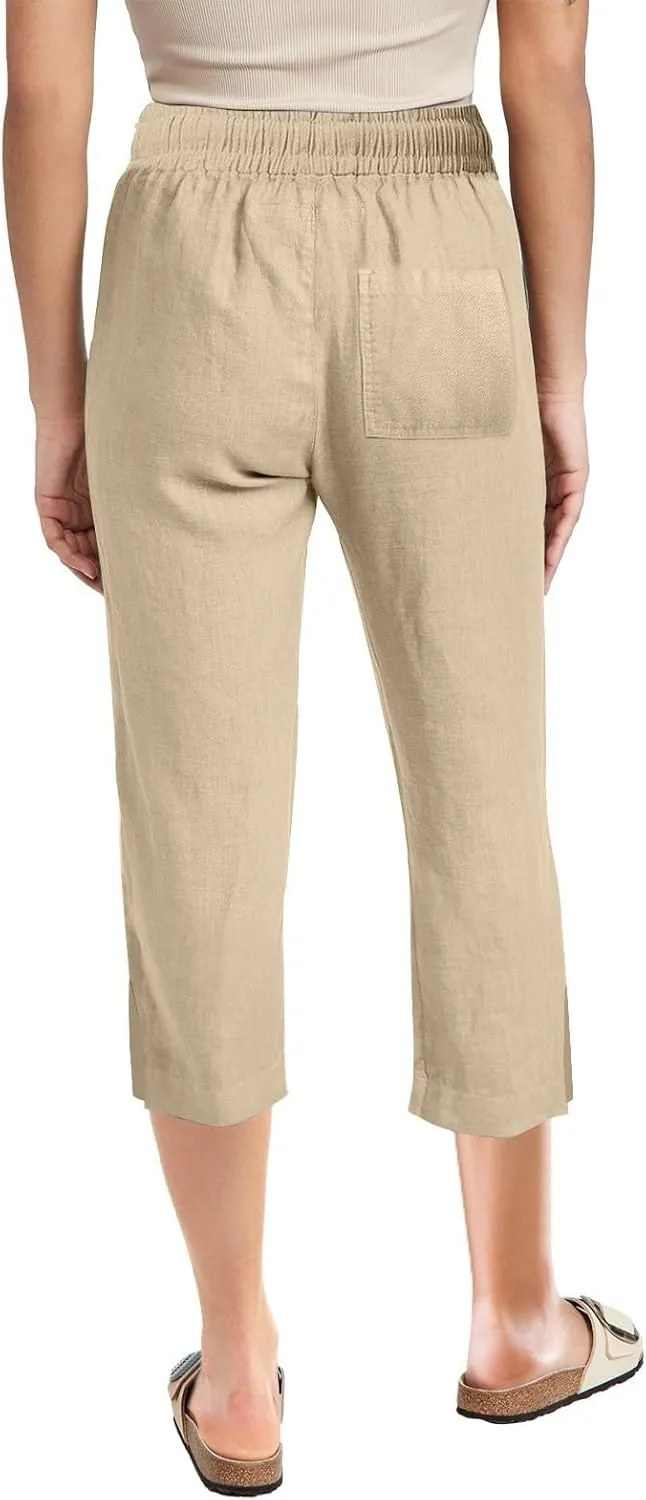 Work Pants Women Solid Color Cotton Linen Elastic Seven Pants Beach Plus Size Trendy Striped Spring Summer Gauze Pants