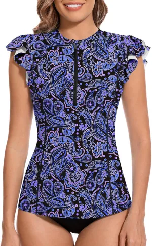 WOWENY Women Rash Guard Ruffle Sleeveless Swim Shirts Sun Protection Swimsuit Top Bathing Suit No Bottom
