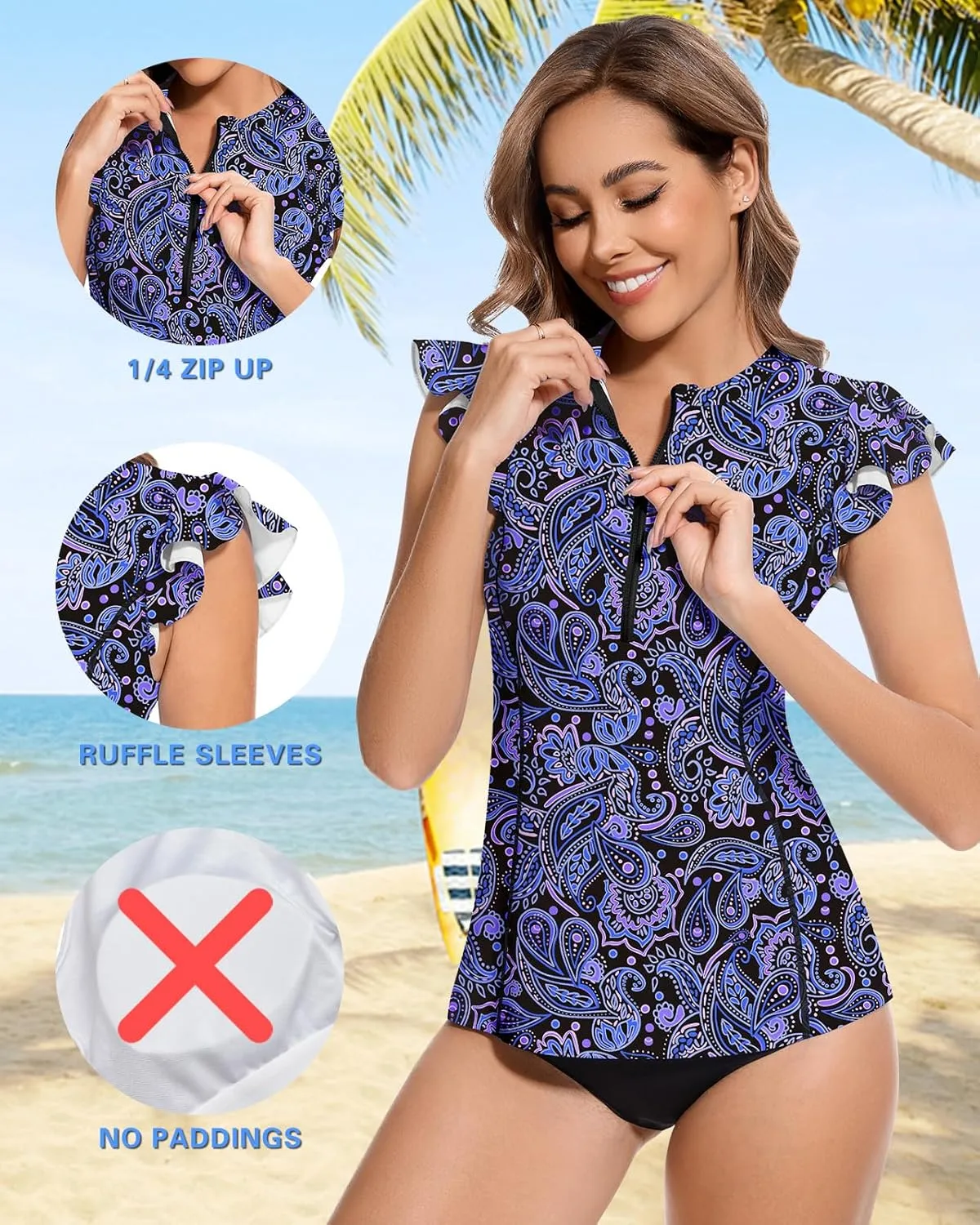 WOWENY Women Rash Guard Ruffle Sleeveless Swim Shirts Sun Protection Swimsuit Top Bathing Suit No Bottom
